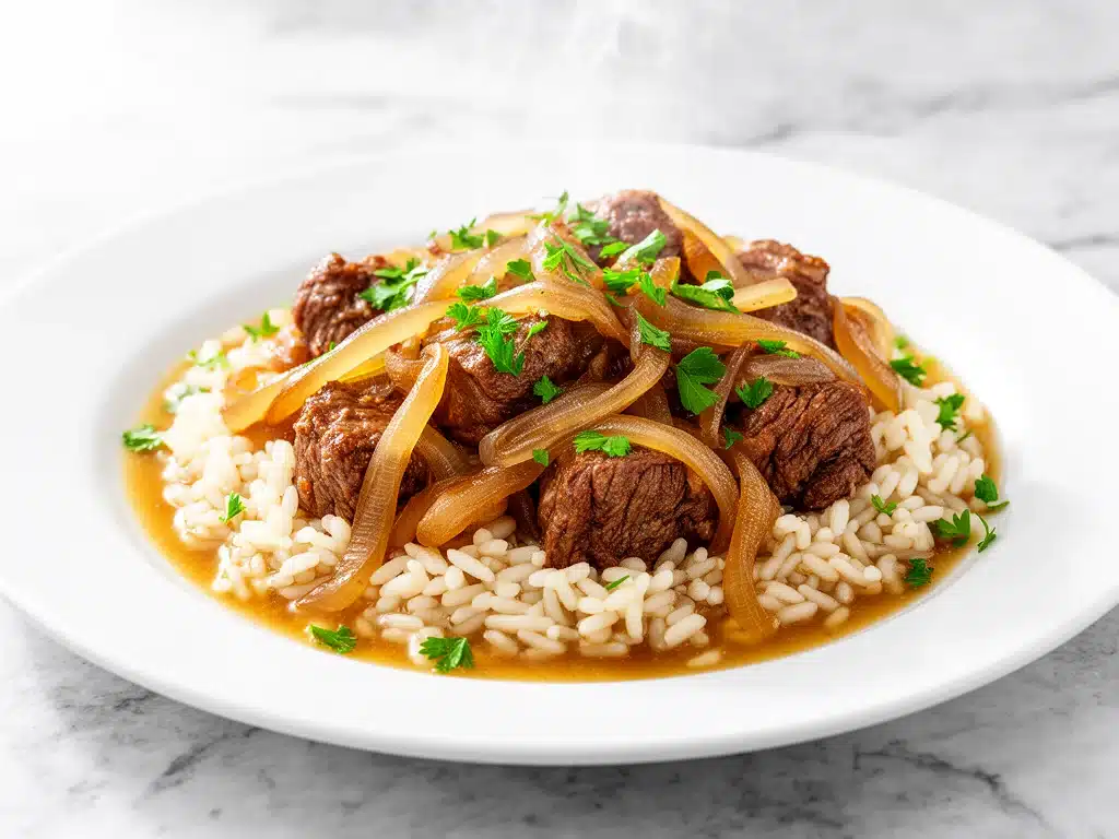 one pot french onion beef and rice - featured image