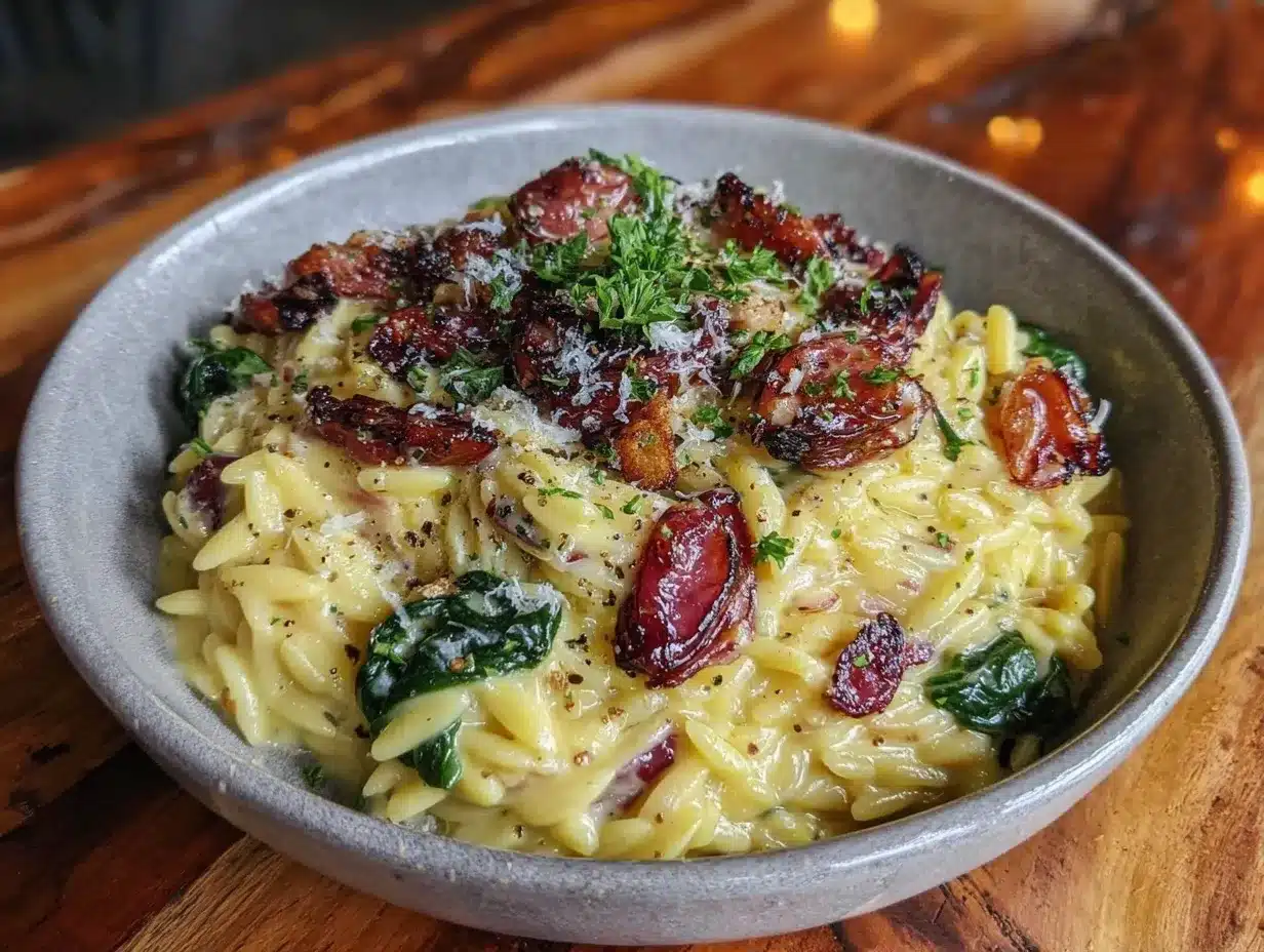 Creamy Orzo Pasta with Roasted Garlic and Spinach: Easy Beginner Recipe 4 creamy orzo pasta with roasted garlic and spinach preparation steps