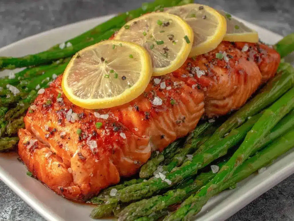 healthy baked salmon with roasted asparagus and lemon - featured image