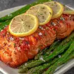 healthy baked salmon with roasted asparagus and lemon - featured image