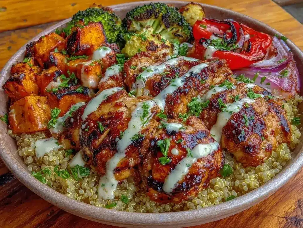 high protein chicken and quinoa bowl - featured image