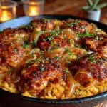 one-pan chicken and rice with caramelized onions - featured image