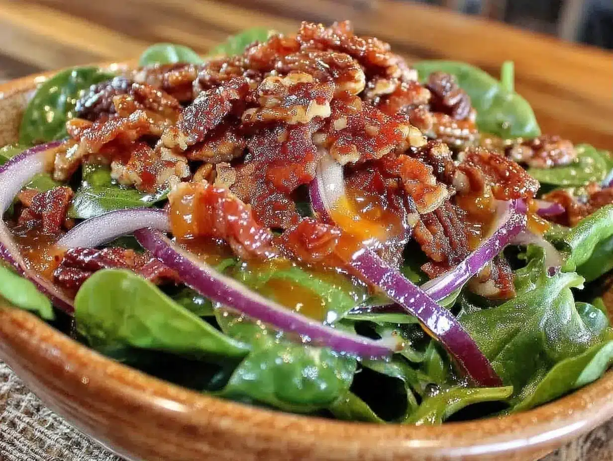 Spinach Salad with Warm Bacon Vinaigrette and Toasted Pecans: 3-Ingredient Simplicity 4 spinach salad with warm bacon vinaigrette and toasted pecans preparation steps