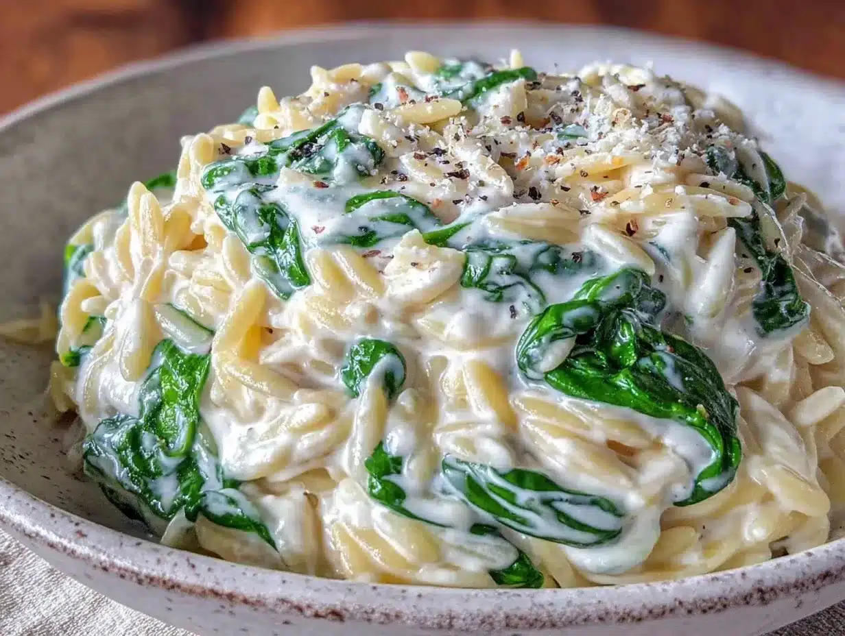 Creamy Garlic Parmesan Orzo: The One Trick for Perfect Wilted Spinach 4 creamy garlic parmesan orzo preparation steps