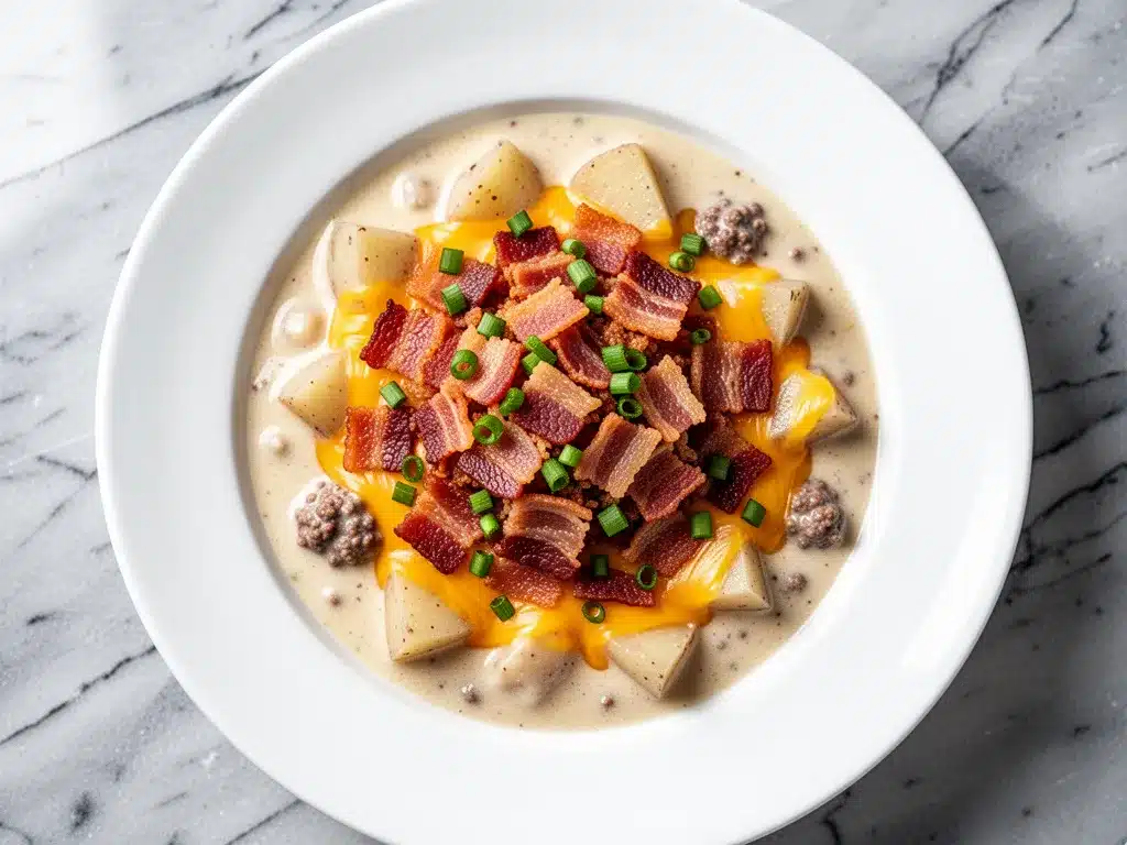 Football Tailgate Cheeseburger Potato Soup with Bacon Crumbles 4 football tailgate cheeseburger potato soup preparation steps
