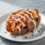gluten-free buffalo chicken stuffed sweet potatoes - featured image