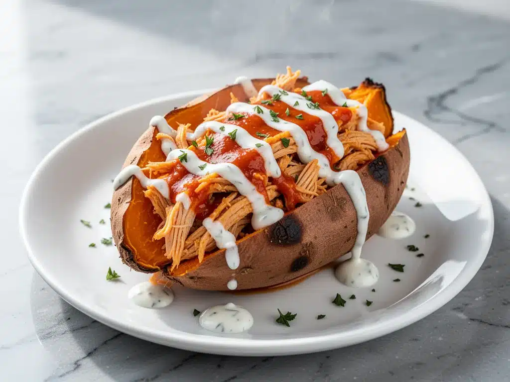 gluten-free buffalo chicken stuffed sweet potatoes - featured image